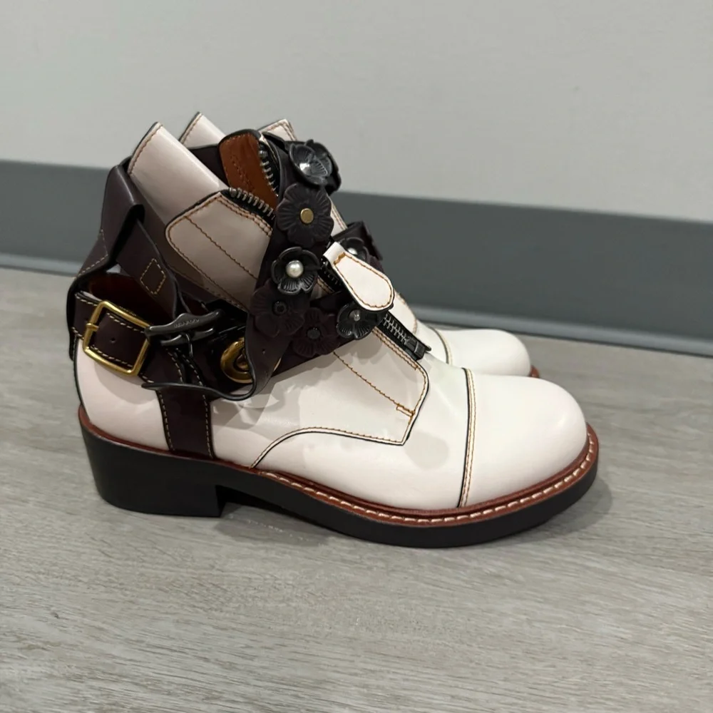 Coach Ankle Booties Chalk Oxblood Moto Cutout in White Leather - Picture 2 of 10